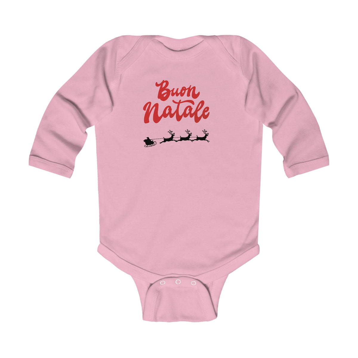 Pink baby bodysuit with long sleeves and 'Buon Natale' sleigh graphic