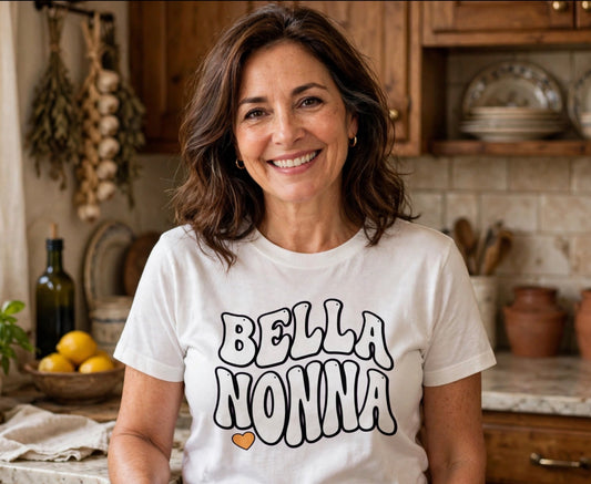 Bella Nonna T-Shirt — Retro Script Grandma Tee with Heart