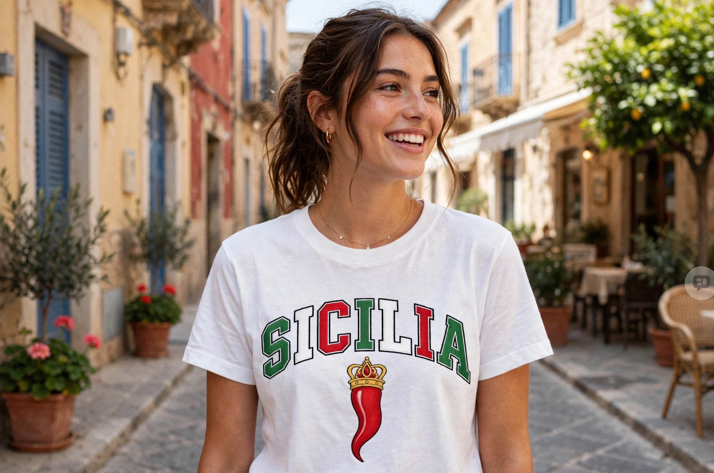 Sicilia Graphic Tee — Italian Sicily Shirt with Corno Charm
