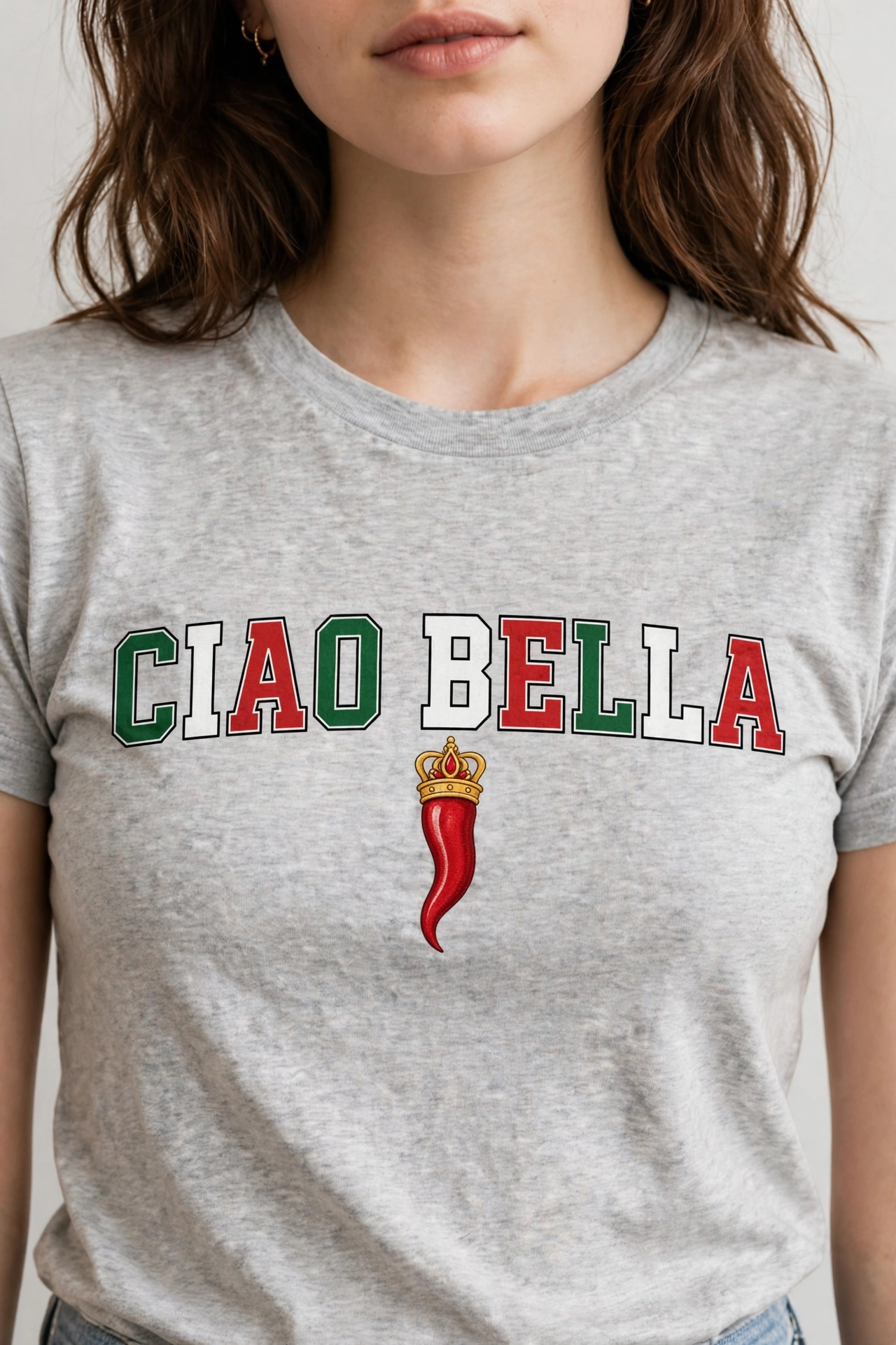 Ciao Bella T-Shirt — Italian Flag Lettering with Chili Pepper Graphic