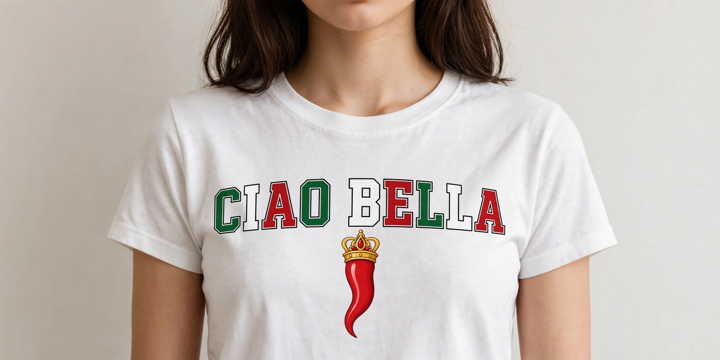 Ciao Bella T-Shirt — Italian Flag Lettering with Chili Pepper Graphic