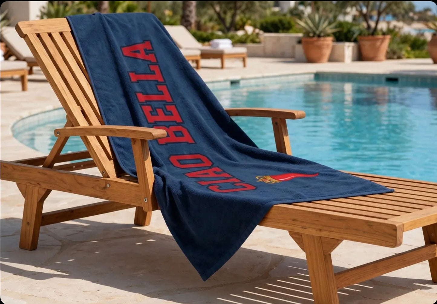 Ciao Bella Beach Towel – Navy Italian Flame Graphic