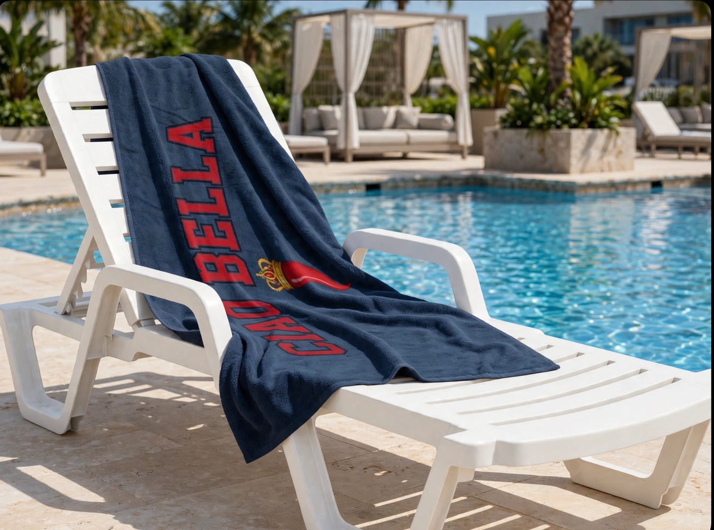 Ciao Bella Beach Towel – Navy Italian Flame Graphic