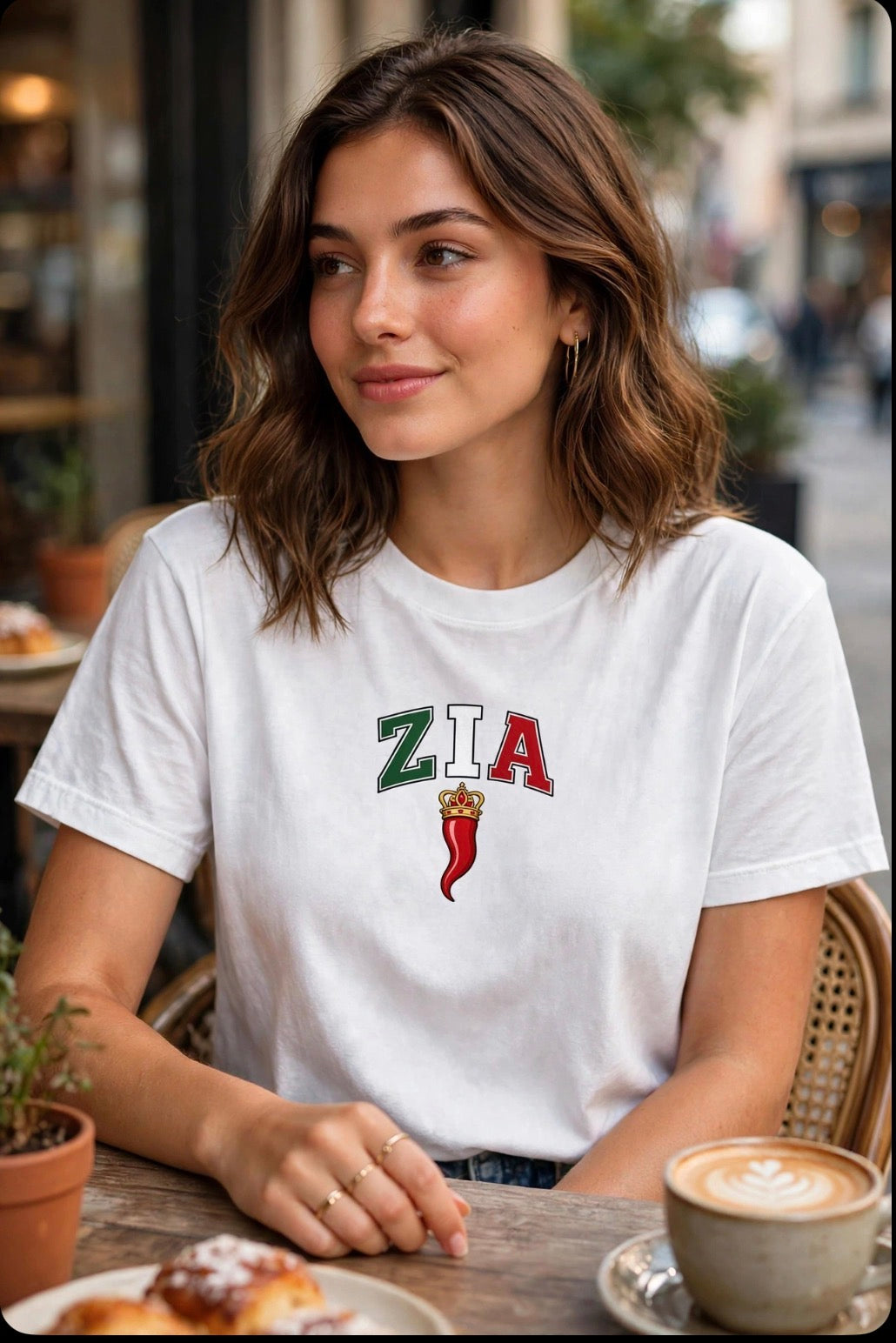 Zia Chili Pepper Tee — Italian Flag Lettering 'ZIA' Graphic T-Shirt