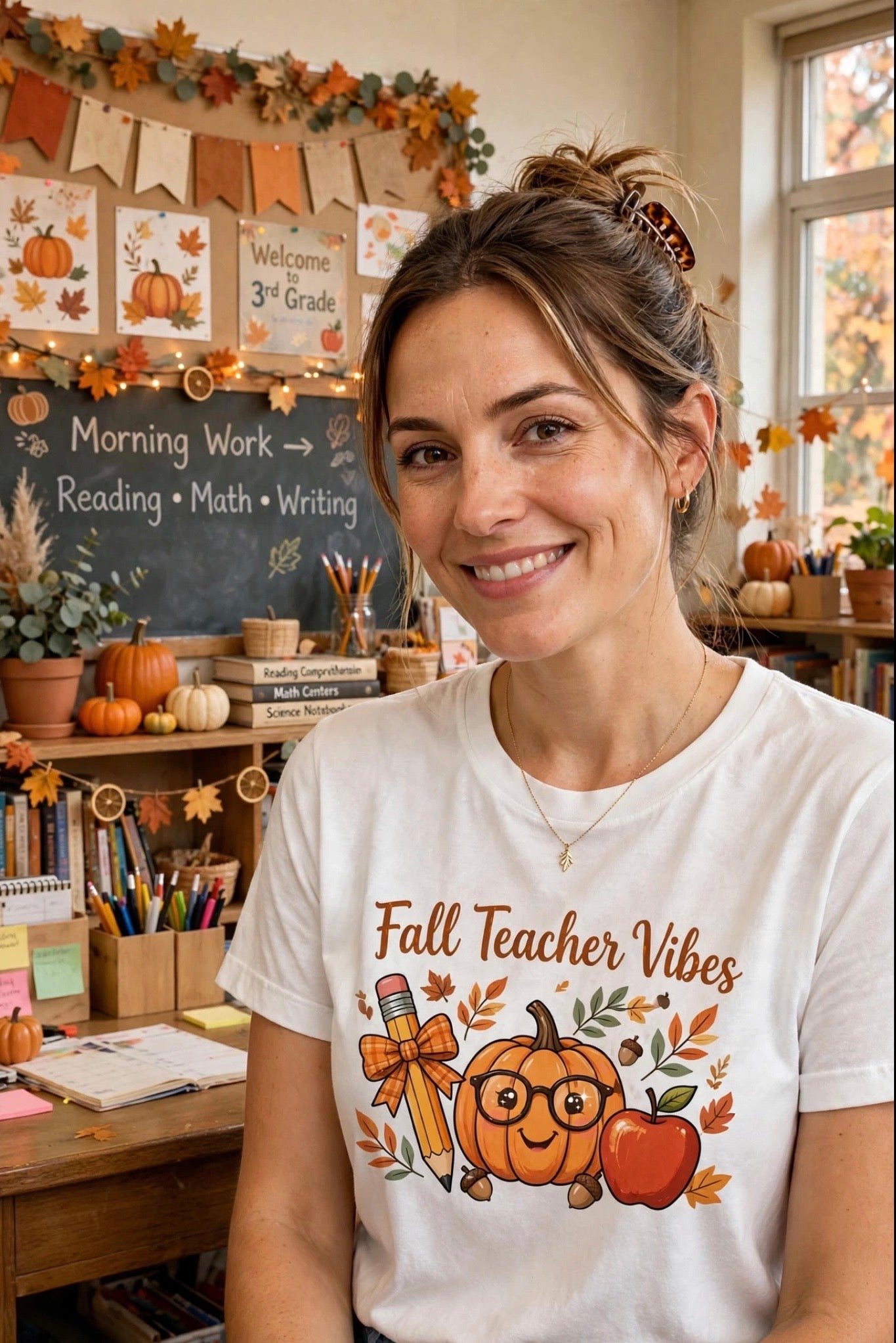 Fall Teacher Vibes T-Shirt — Cute Pumpkin & Apple Autumn Tee for Educators