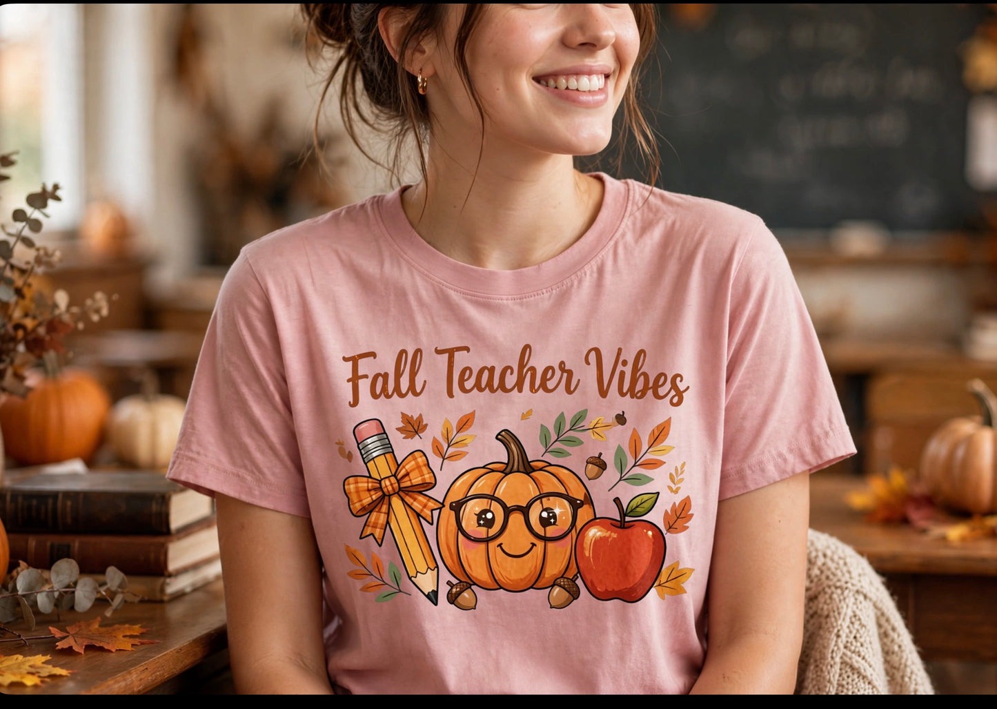 Fall Teacher Vibes T-Shirt — Cute Pumpkin & Apple Autumn Tee for Educators