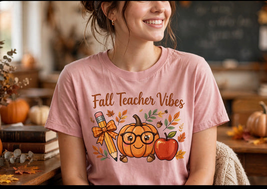 Fall Teacher Vibes T-Shirt — Cute Pumpkin & Apple Autumn Tee for Educators