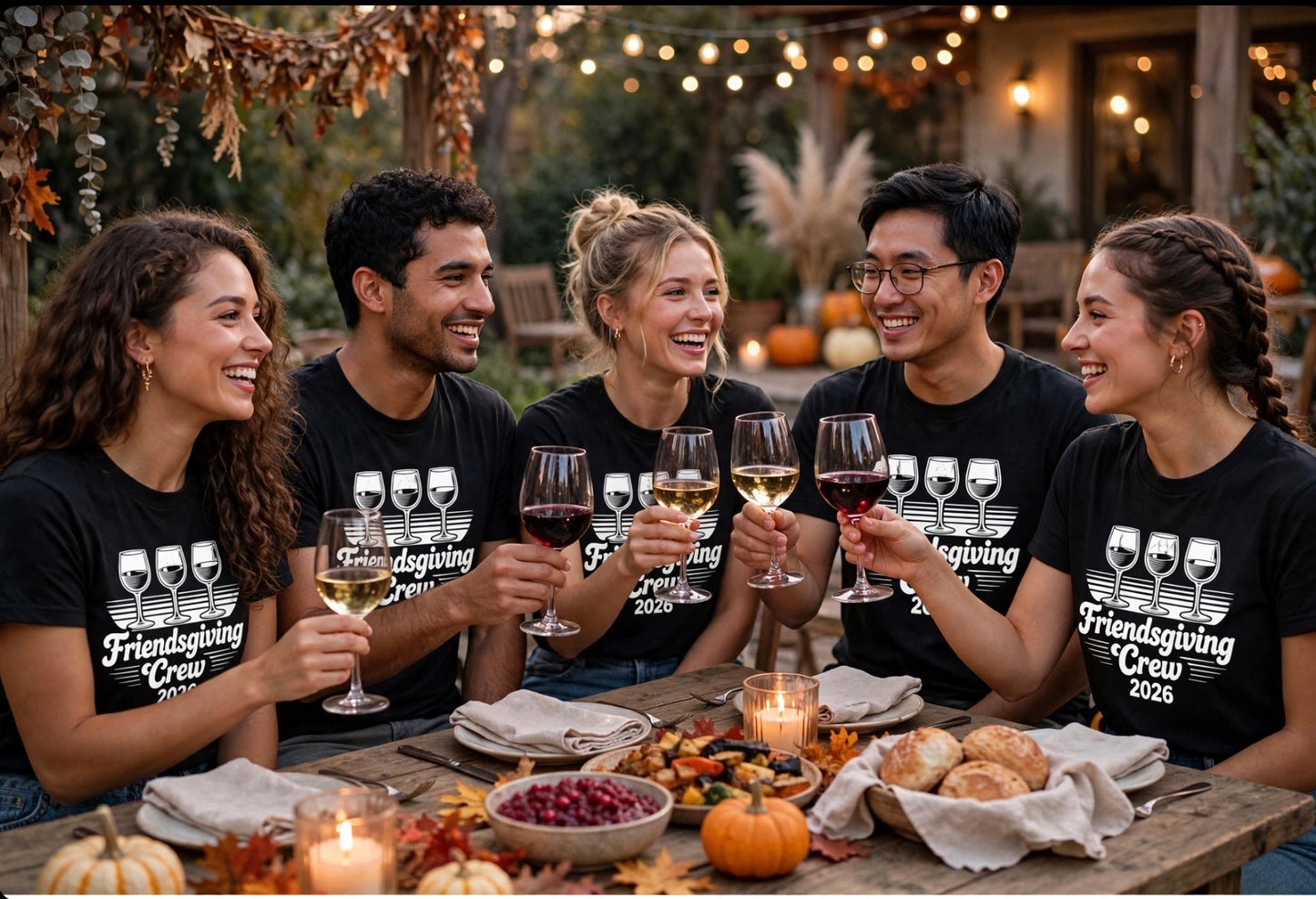 Friendsgiving Happens Wine Tasting Tee — 'Sip Happens' Glasses Graphic