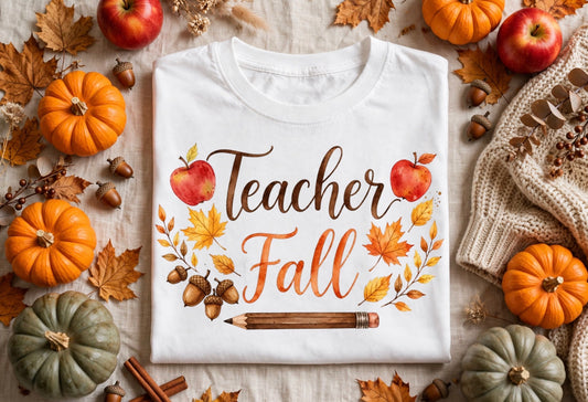Teacher Fall T-Shirt – Autumn Apples & Leaves Tee for Educators
