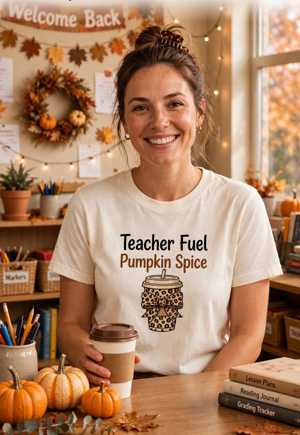 Teacher Fuel Pumpkin Spice T-Shirt — Leopard Coffee Cup Tee for Teachers