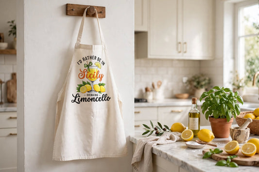 Apron — "I’d Rather Be in Sicily Drinking Limoncello" Lemon Kitchen Apron