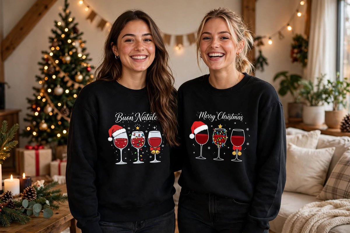 Buon Natale Wine Crewneck Sweatshirt — Christmas Wine Glasses Holiday Sweater