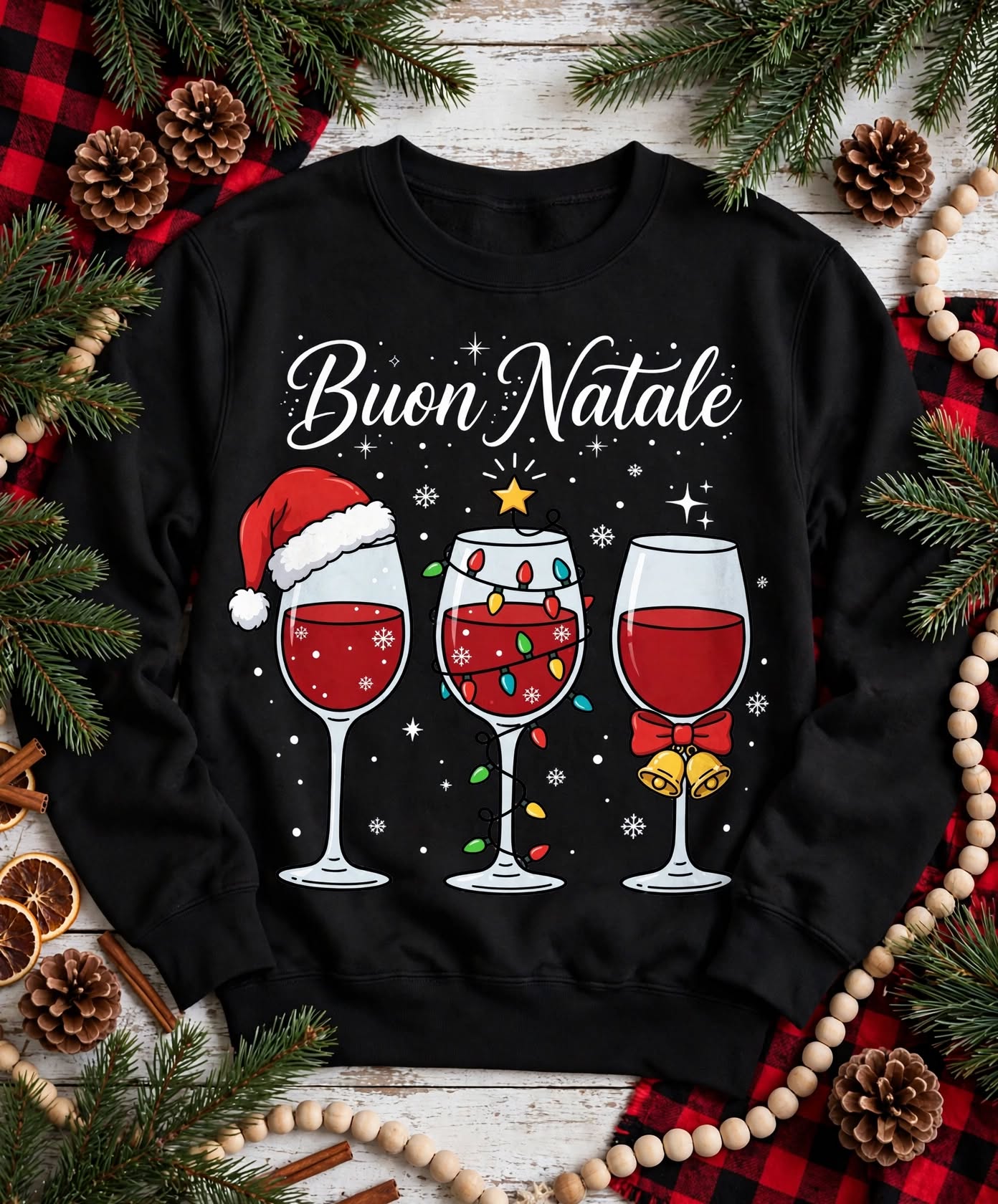Buon Natale Wine Crewneck Sweatshirt — Christmas Wine Glasses Holiday Sweater