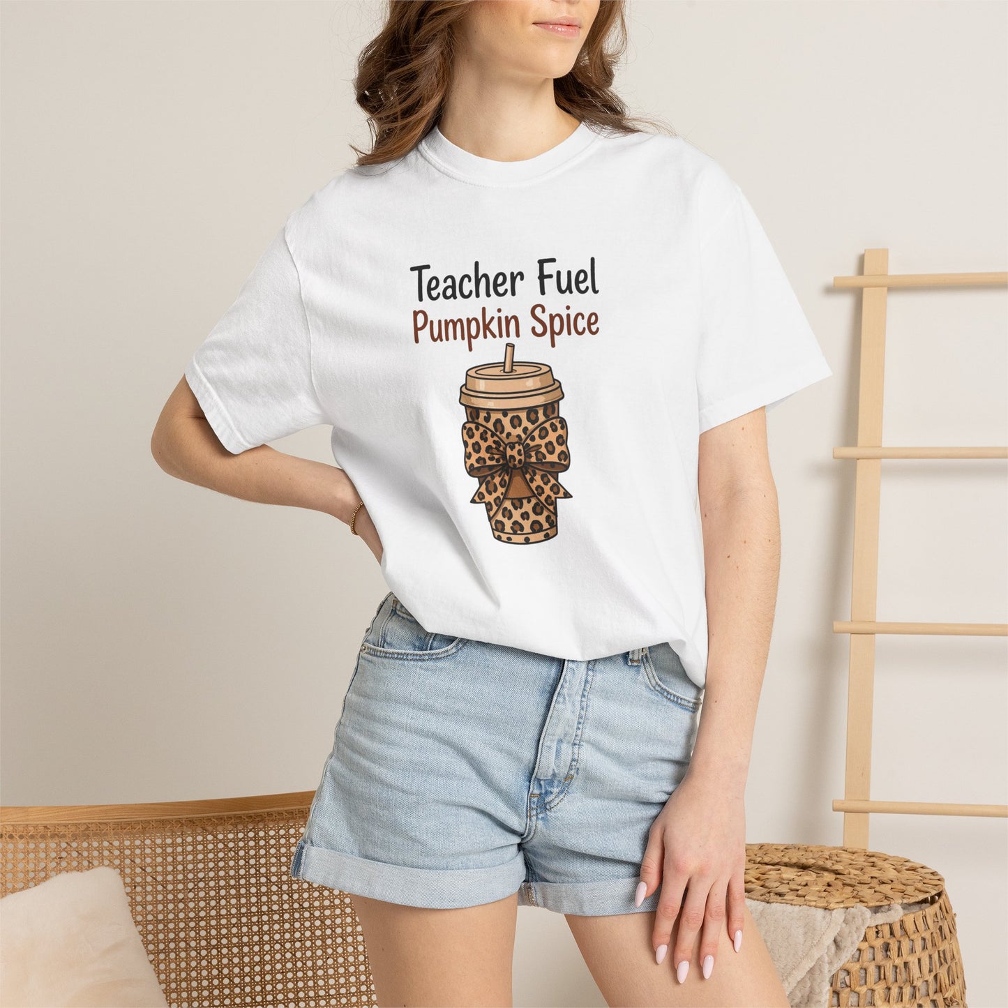 Teacher Fuel Pumpkin Spice T-Shirt — Leopard Coffee Cup Tee for Teachers