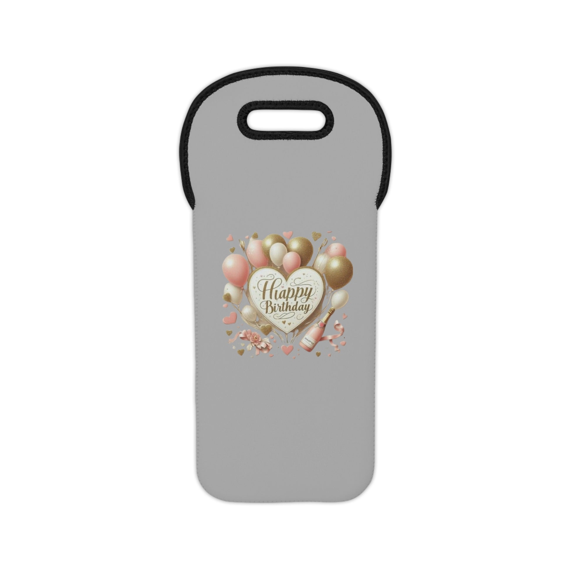 A gray neoprene tote bag with a custom print that says 'Happy Birthday' surrounded by balloons and hearts, designed to carry a wine bottle.