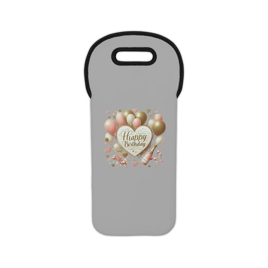 A gray neoprene tote bag with a custom print that says 'Happy Birthday' surrounded by balloons and hearts, designed to carry a wine bottle.