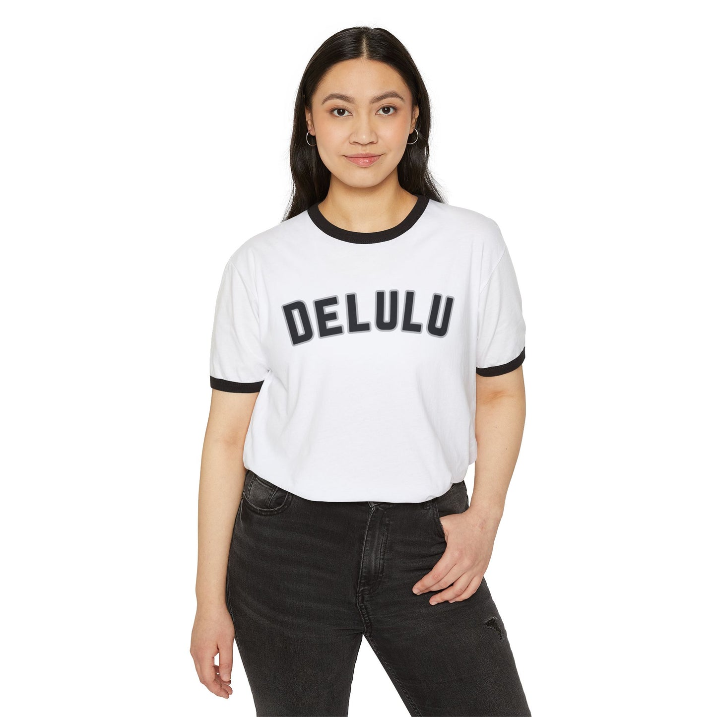 Delulu fun teen tween Unisex Cotton Ringer T-Shirt. Back to school Christmas birthday