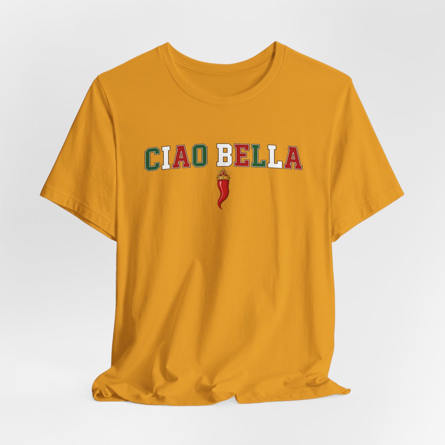 Ciao Bella T-Shirt — Italian Flag Lettering with Chili Pepper Graphic
