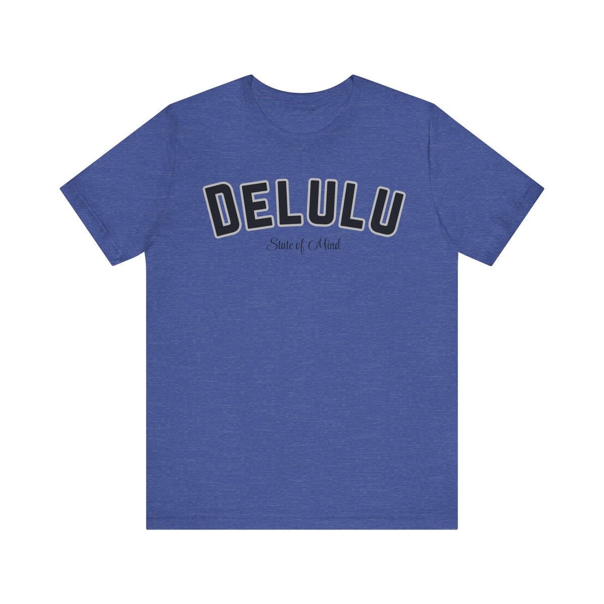 Unisex true royal blue T-shirt with DELULU logo graphic and crew neck