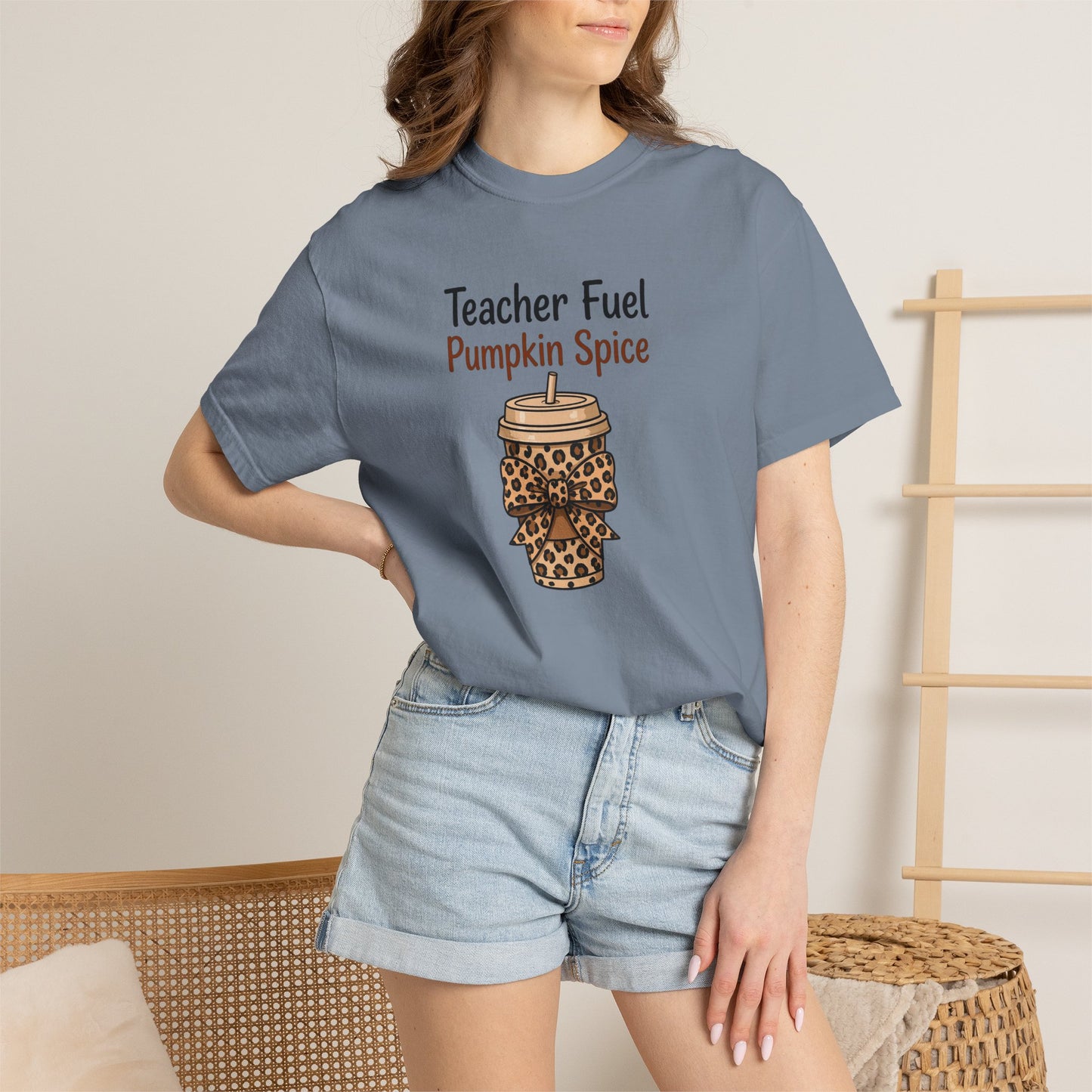 Teacher Fuel Pumpkin Spice T-Shirt — Leopard Coffee Cup Tee for Teachers