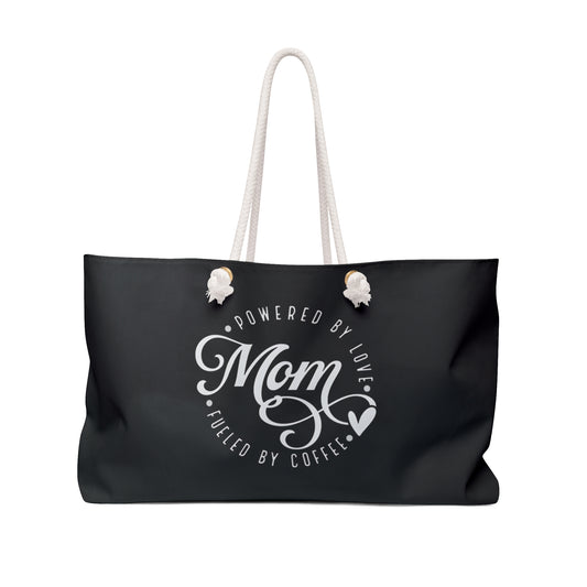 Mom Weekender Bag, mom powered by love fueled by coffee tote bag, great gift for family members, travel pool and beach