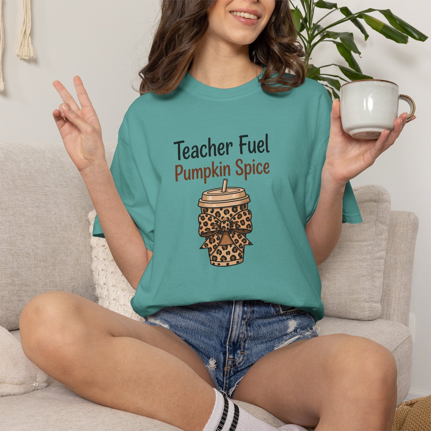 Teacher Fuel Pumpkin Spice T-Shirt — Leopard Coffee Cup Tee for Teachers