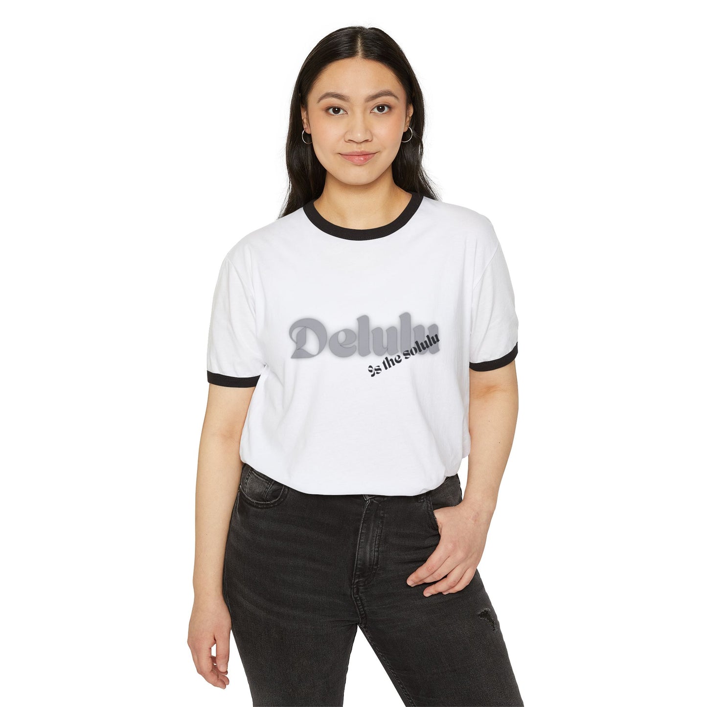 Delulu fun teen tween Unisex Cotton Ringer T-Shirt. Back to school Christmas birthday