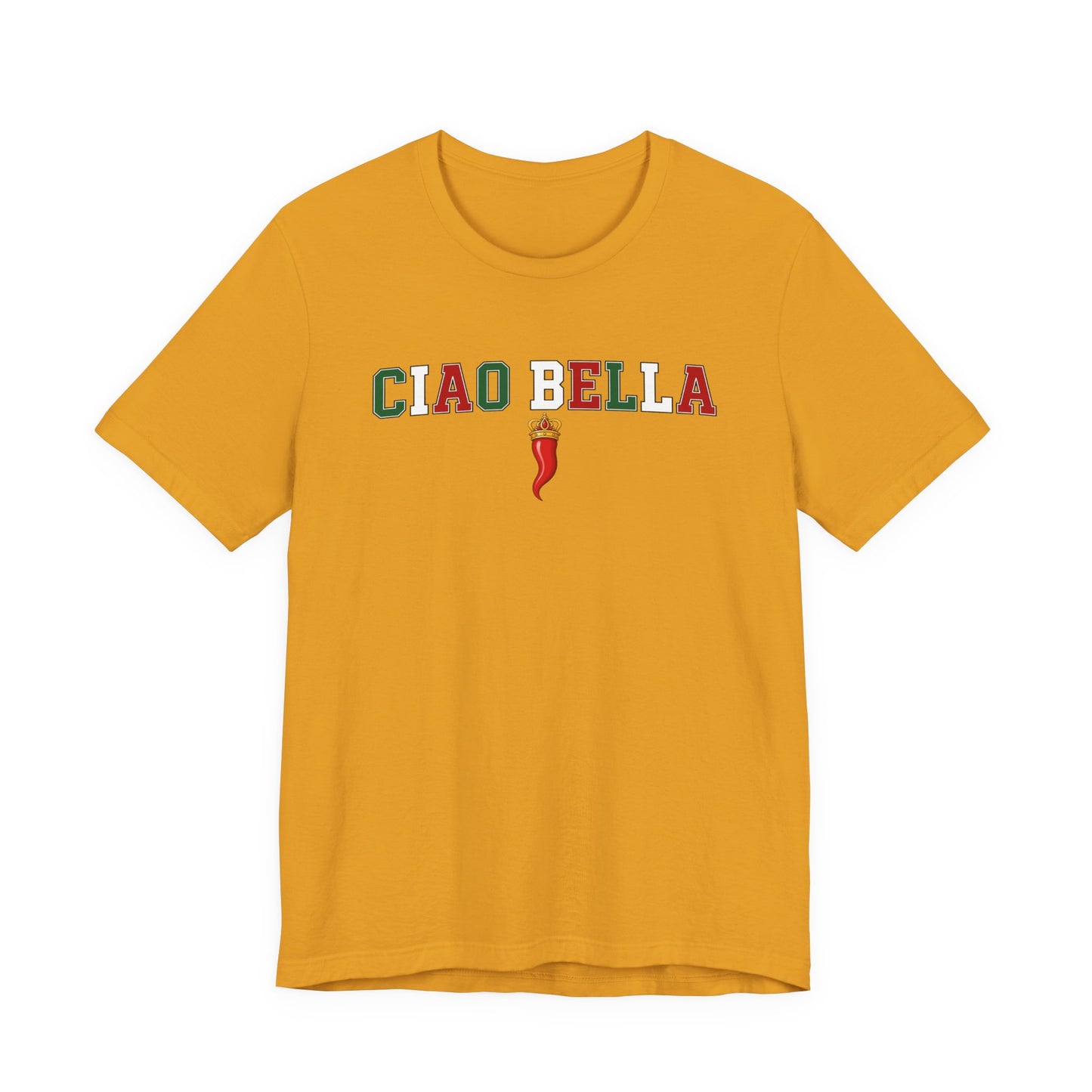 Ciao Bella T-Shirt — Italian Flag Lettering with Chili Pepper Graphic