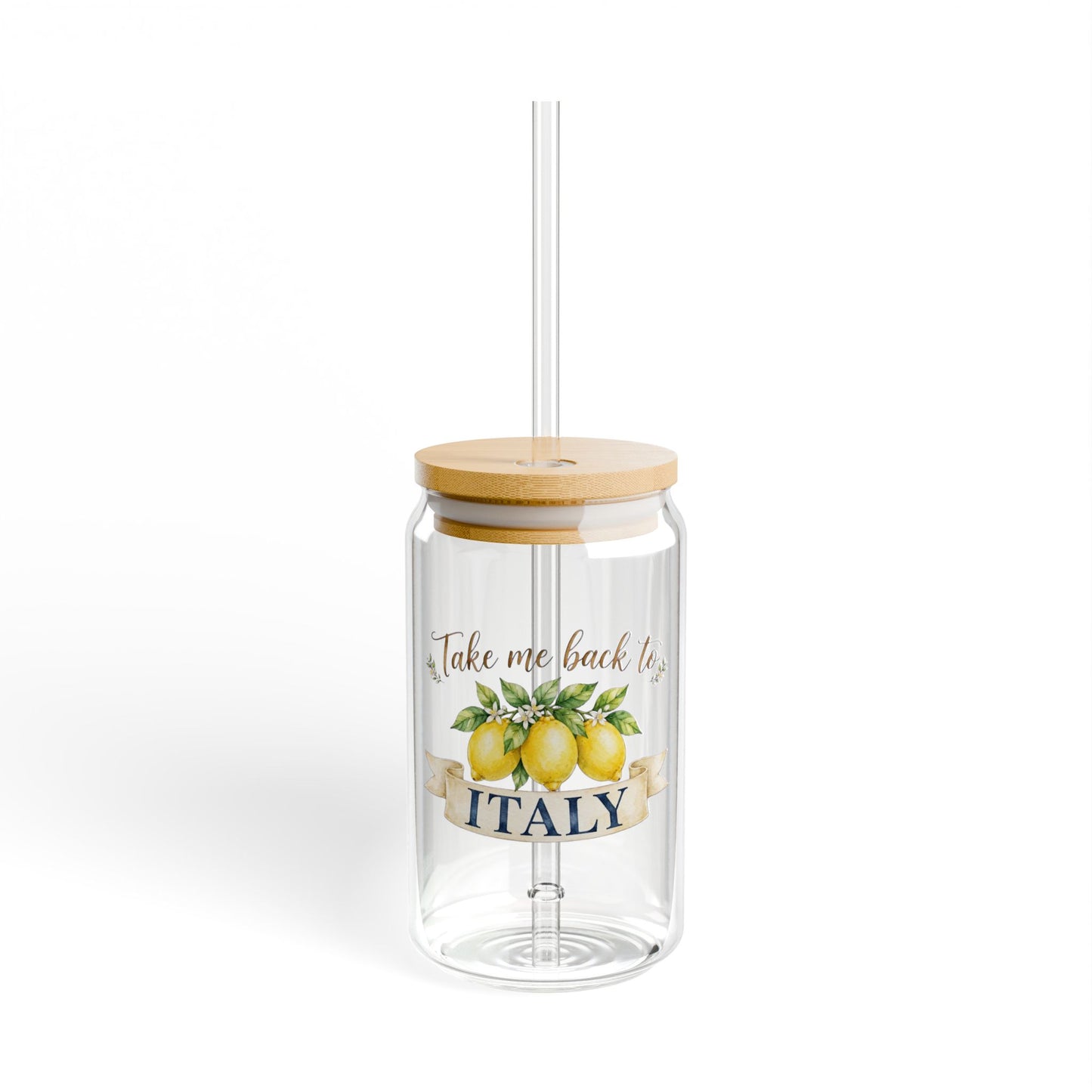 Take Me Back to Italy Lemon Sipper Glass – 16oz Travel Tumbler with Bamboo Lid & Straw