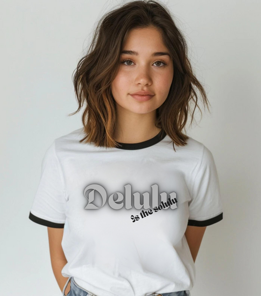 Delulu fun teen tween Unisex Cotton Ringer T-Shirt. Back to school Christmas birthday
