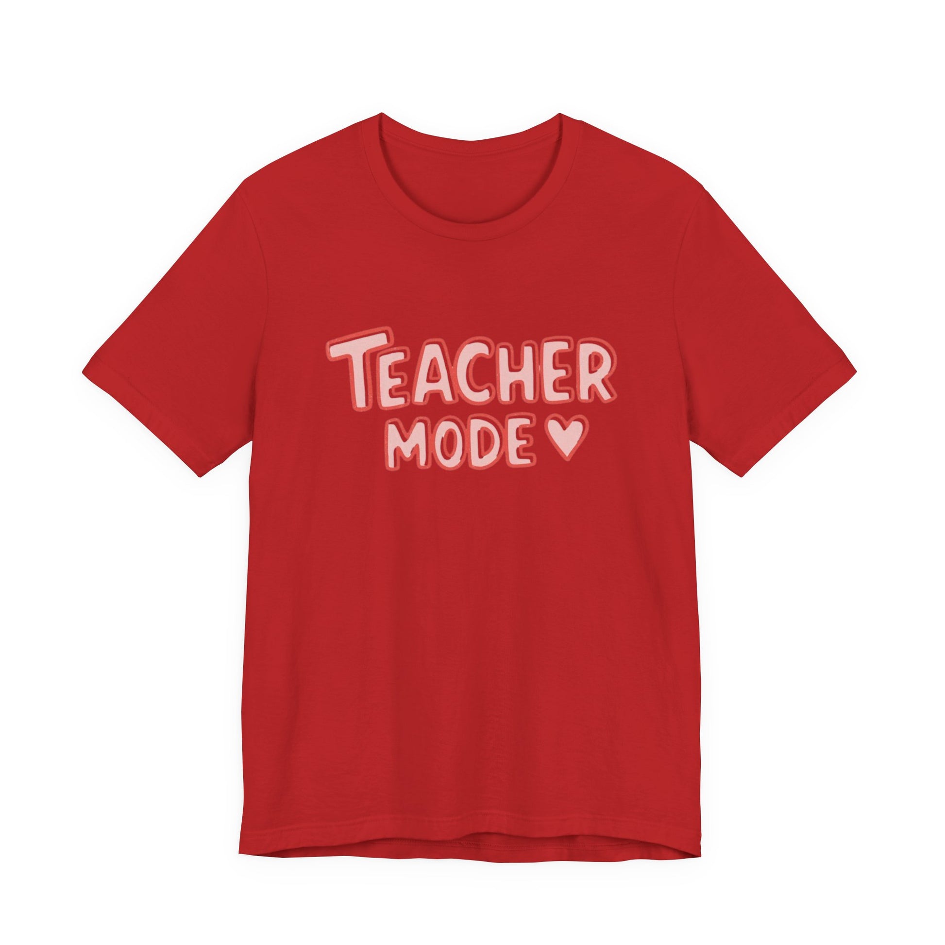 Red t-shirt with 'Teacher Mode' text on a white background