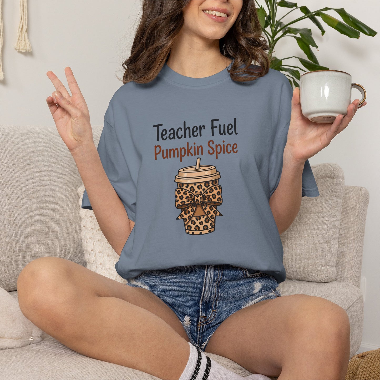 Teacher Fuel Pumpkin Spice T-Shirt — Leopard Coffee Cup Tee for Teachers