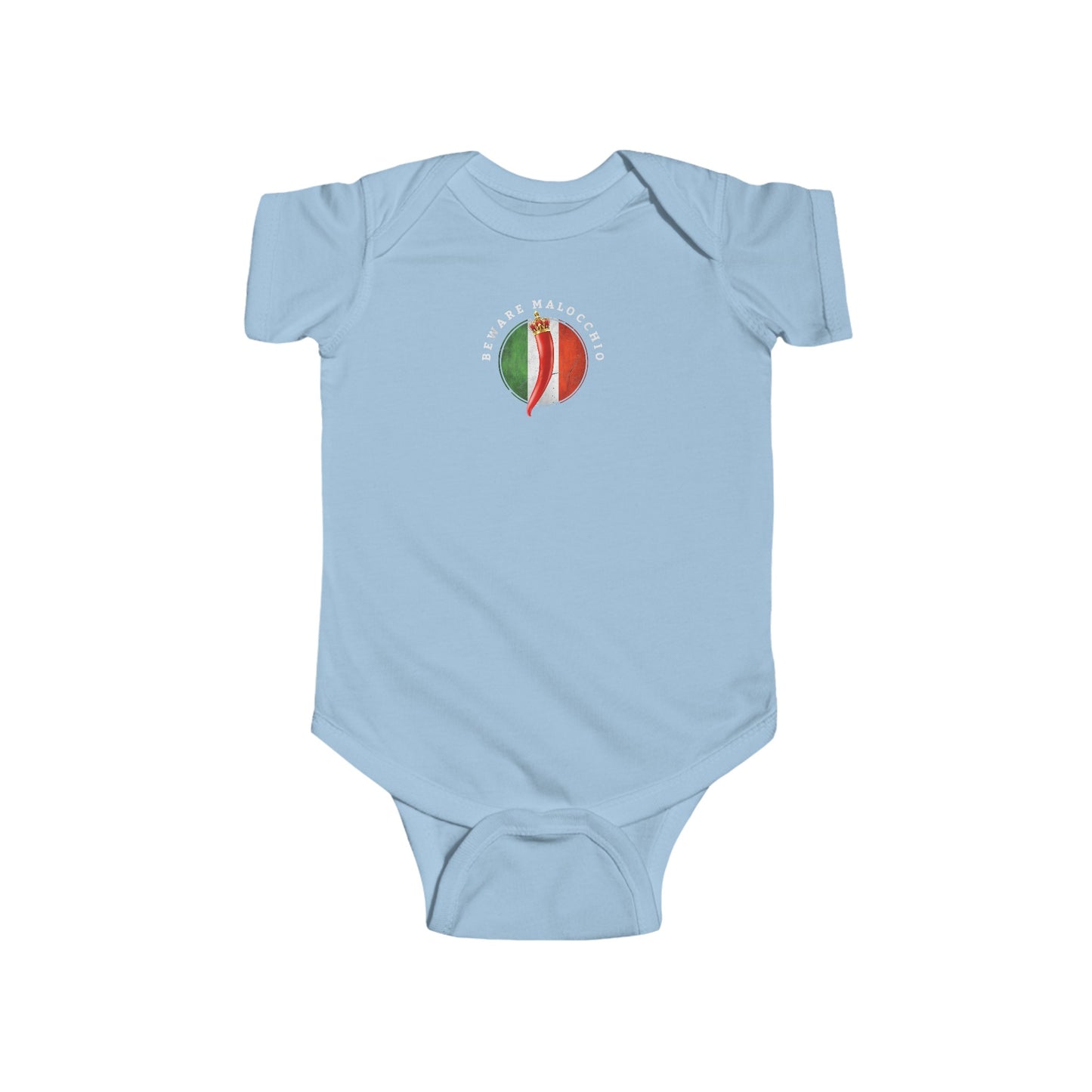 Beware of Malochhio red pepper Italian inspired Infant Fine Jersey Bodysuit, funny baby body suit, baby shower and newborn gifts,evil eye Italian baby gifts