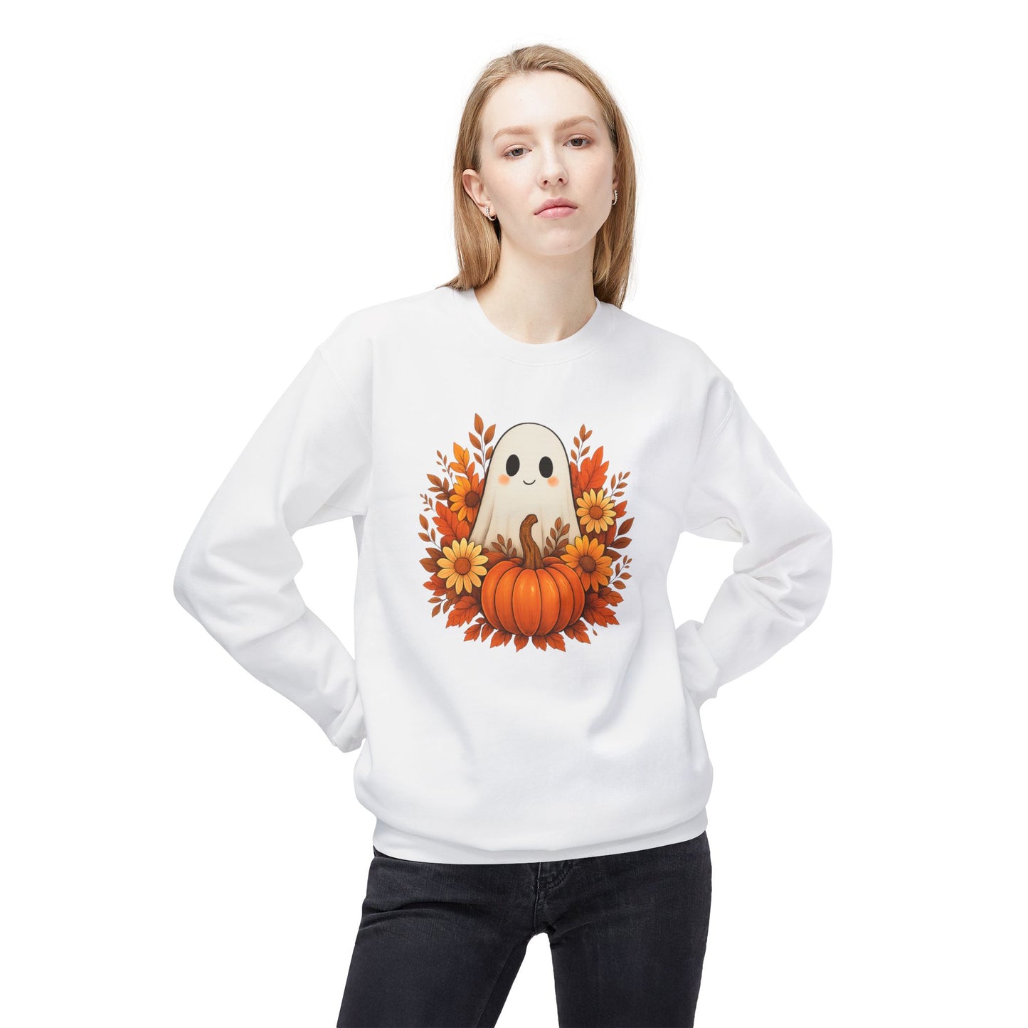 Cute Ghost & Pumpkin Sweatshirt, Fall Crewneck, Halloween Sweater, Cozy Autumn Apparel, Unisex Seasonal Fashion, Pumpkin Spice Vibes