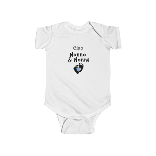 White baby onesie with text and footprints on a white background