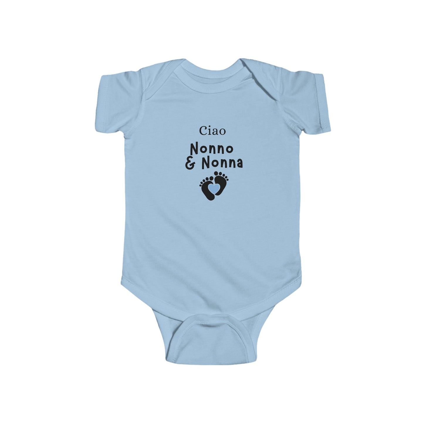 Light blue baby onesie with text and footprint design on a white background