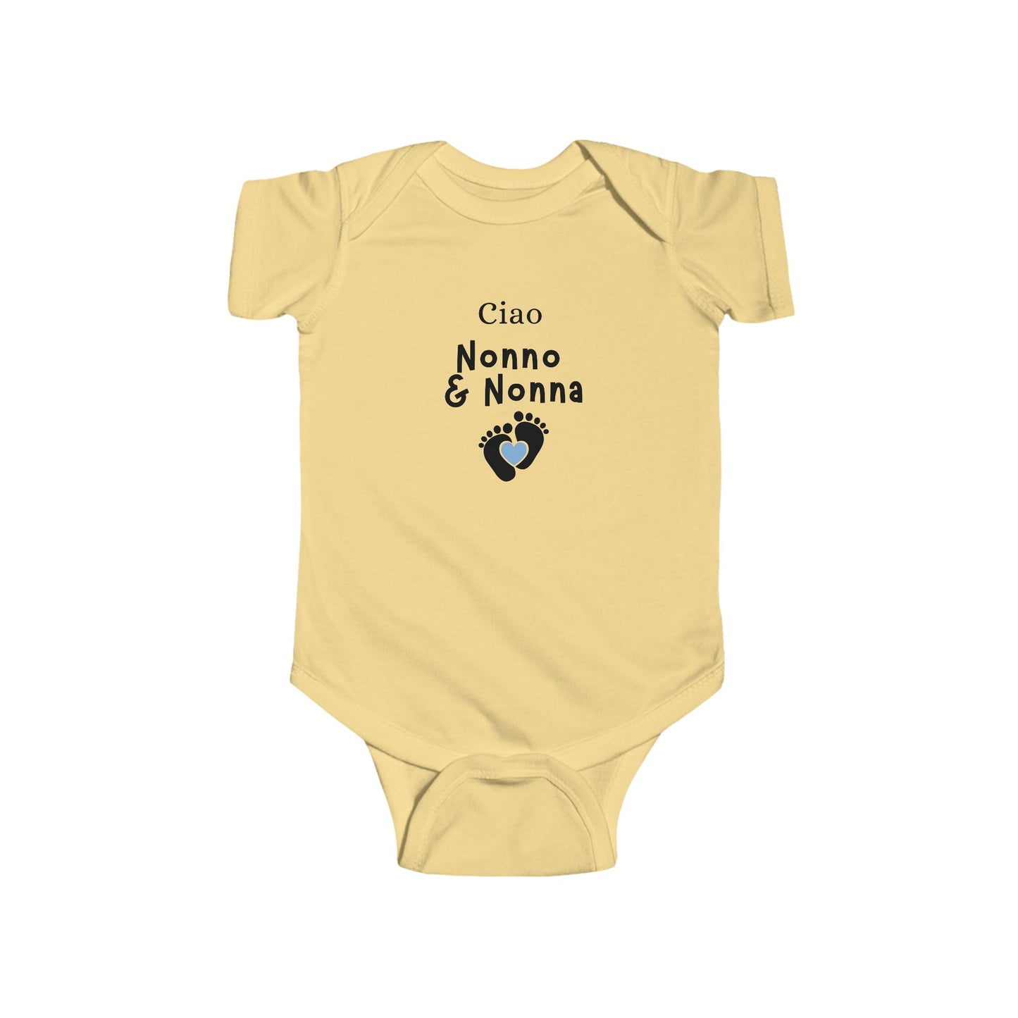 Yellow baby onesie with text and footprints on a white background