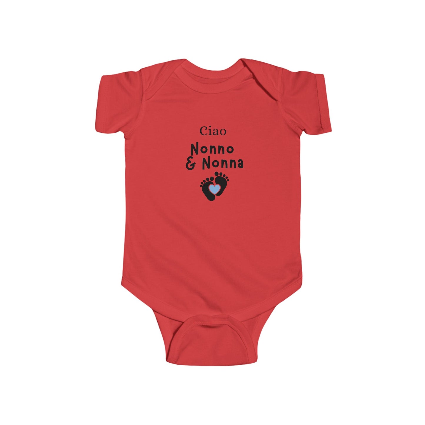Red baby onesie with 'Ciao Nonno & Nonna' text and footprints on a white background