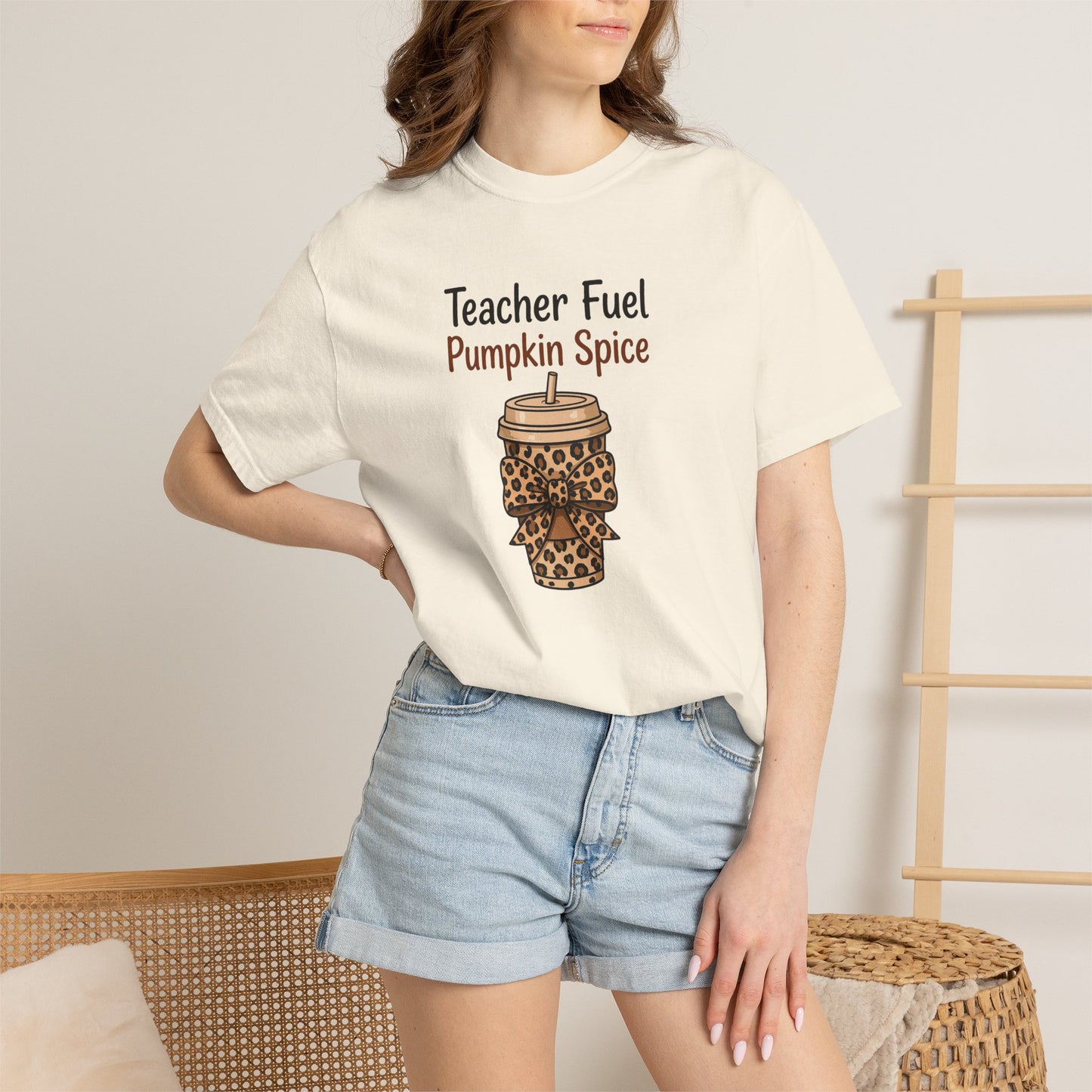 Teacher Fuel Pumpkin Spice T-Shirt — Leopard Coffee Cup Tee for Teachers