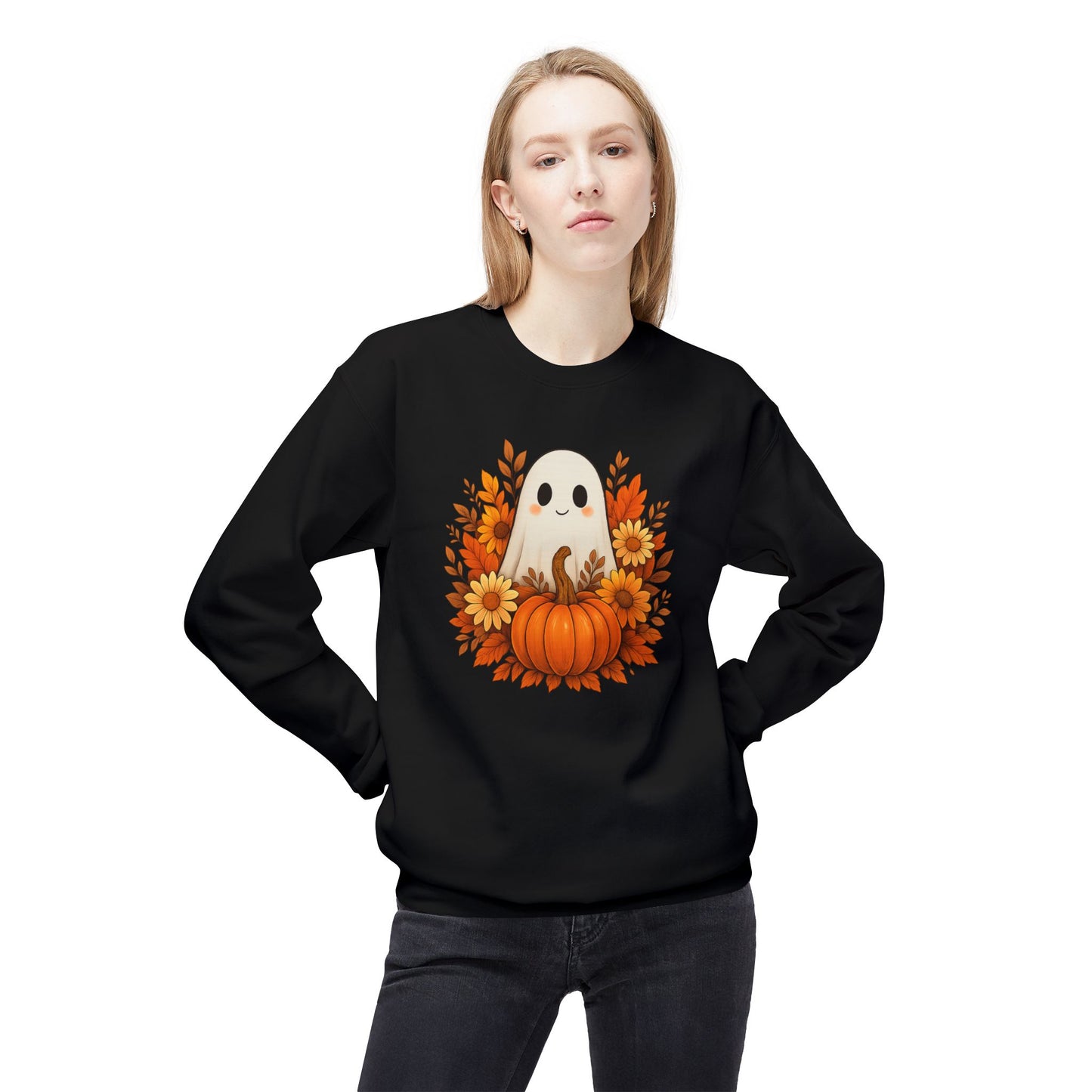 Cute Ghost & Pumpkin Sweatshirt, Fall Crewneck, Halloween Sweater, Cozy Autumn Apparel, Unisex Seasonal Fashion, Pumpkin Spice Vibes