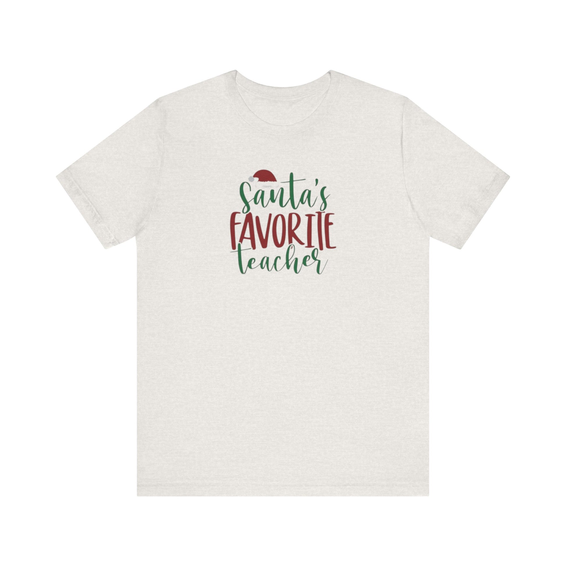 Cotton T-shirt (heather) with front graphic text 'Santa's Favorite Teacher'