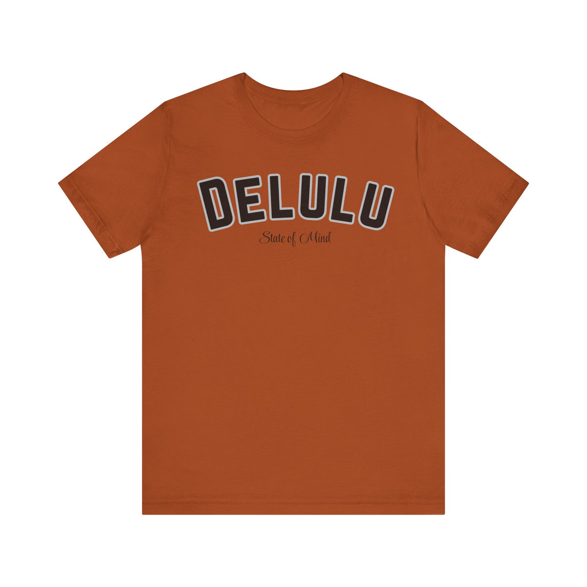 Unisex rust brown T-shirt with DELULU logo graphic and crew neck