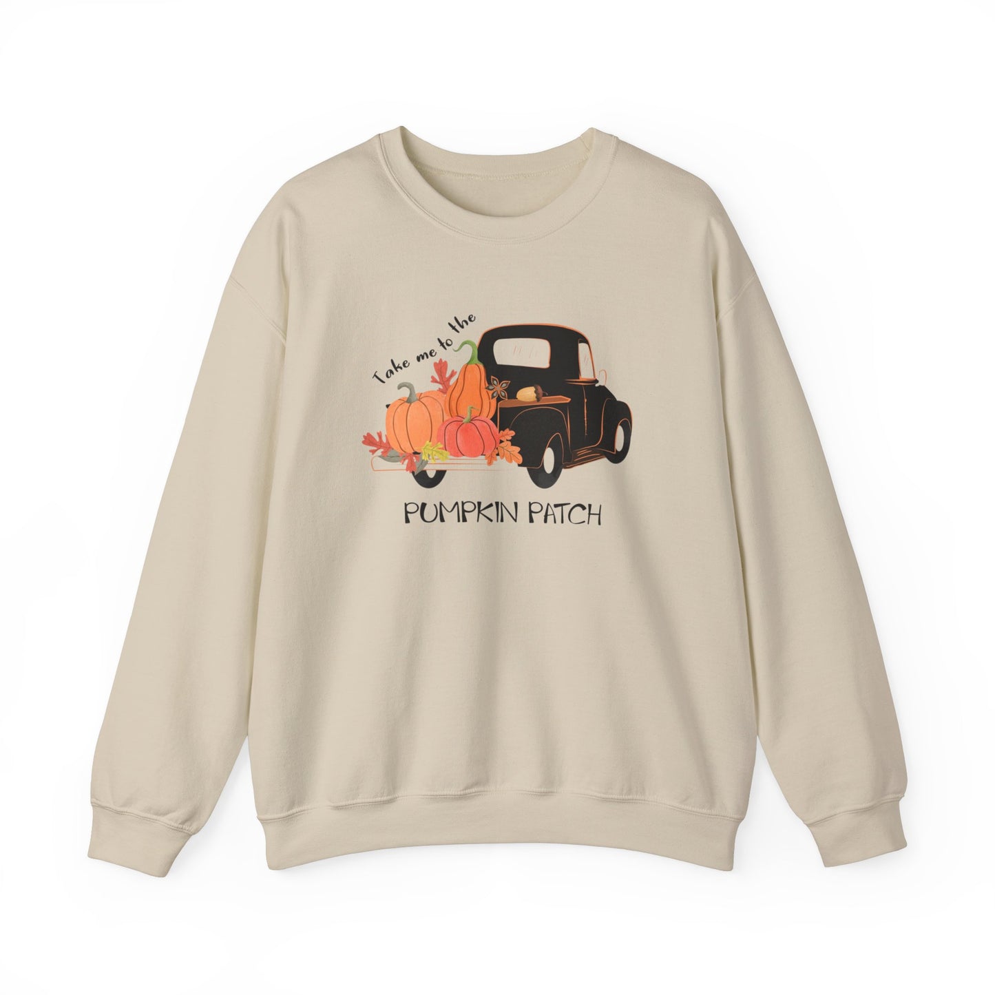 A beige sweatshirt with a graphic print of a pumpkin patch on the front.