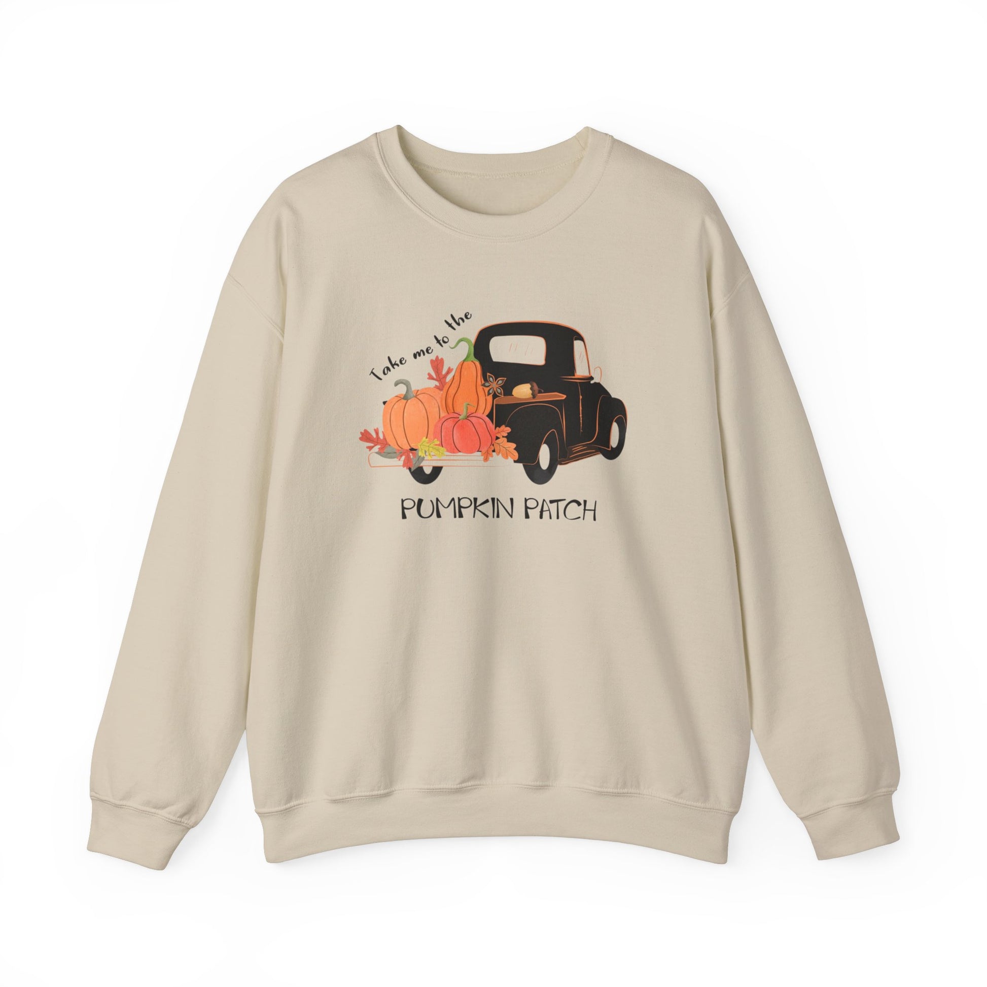 A beige sweatshirt with a graphic print of a pumpkin patch on the front.
