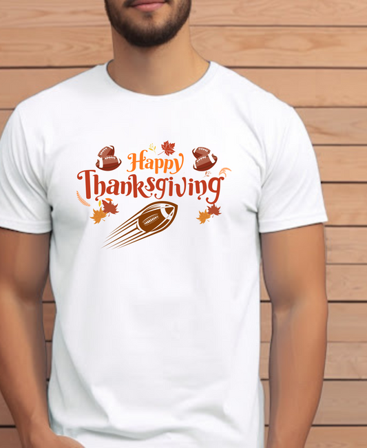 A person wearing a white crew neck t-shirt with 'Happy Thanksgiving' text and a football design, featuring a turkey and fall leaves.
