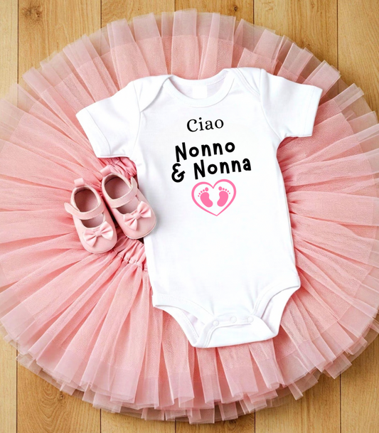 Baby onesie with 'Ciao Nonno & Nonna' text on a pink tutu and shoes.
