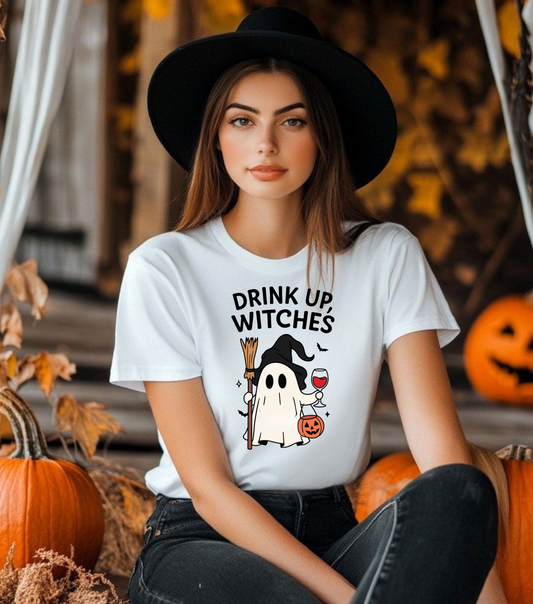 Ghostly Halloween T-Shirt, Unisex Tee, Spooky Costume Shirt, Fall Apparel, Witchy Vibes, Drink Up Witches Design