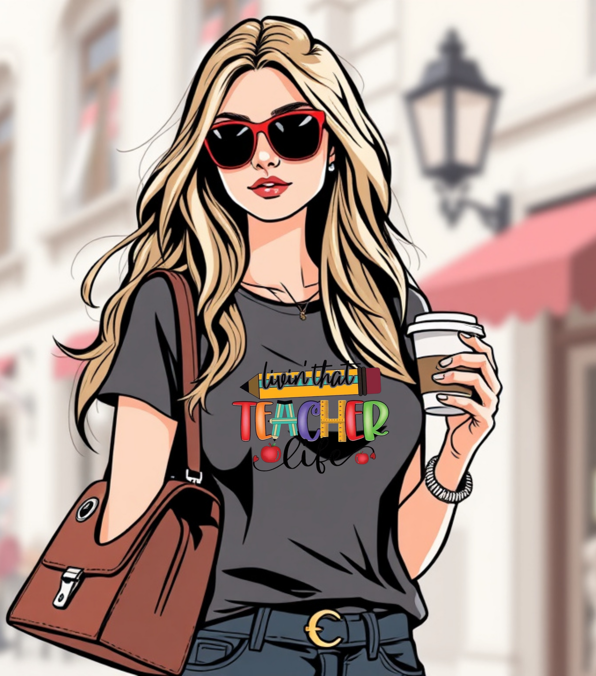 Illustration of a woman wearing a 'Teacher' shirt with sunglasses and a coffee cup.