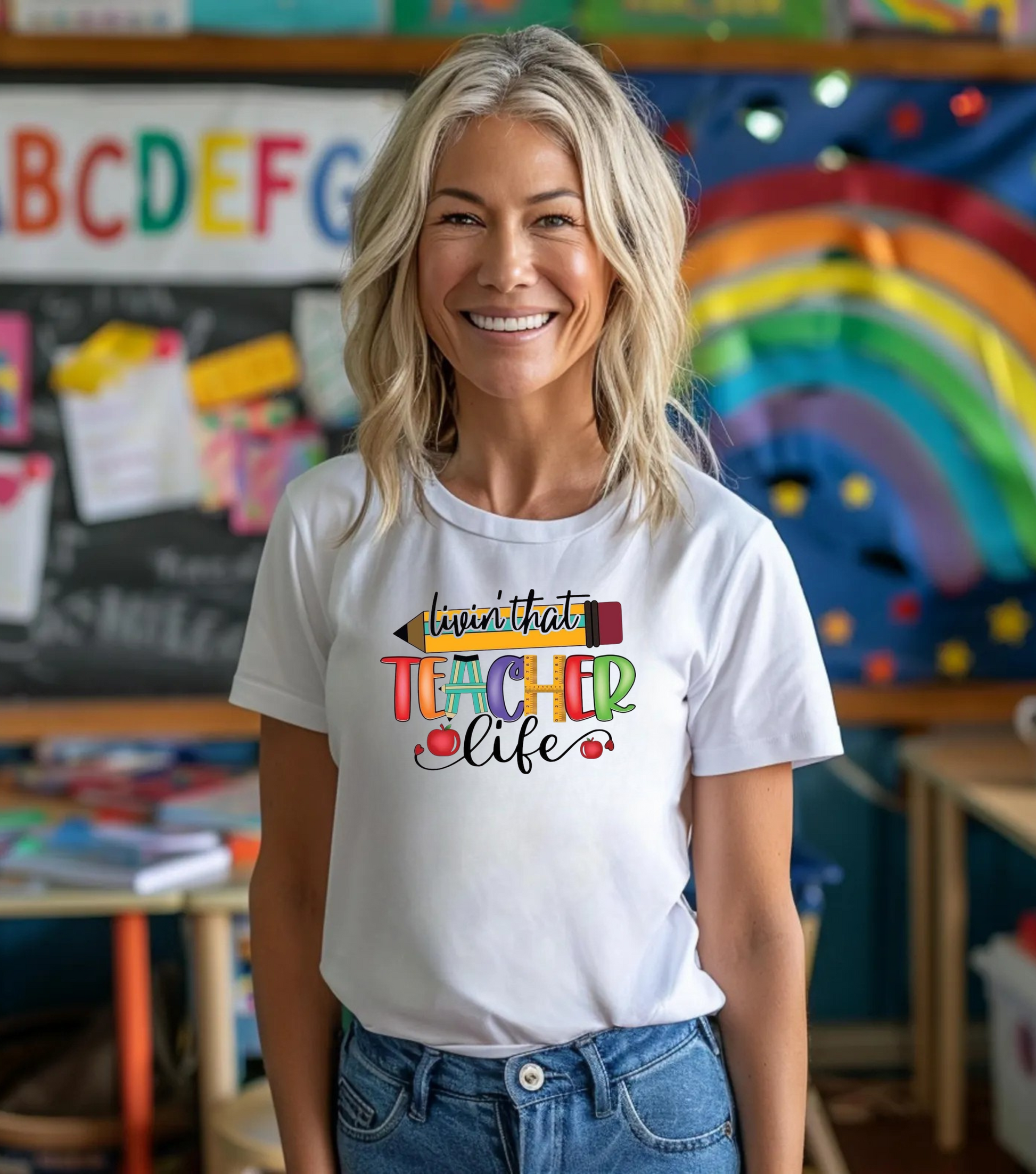 Person wearing a white t-shirt with colorful text in a classroom setting