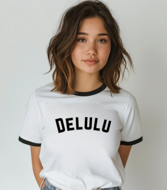 Delulu fun teen tween Unisex Cotton Ringer T-Shirt. Back to school Christmas birthday